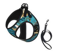 Turquoise Blue Gold Marble Print Soft Mesh Dog Harness and Leash Set Pet Puppy Cat Comfort Padded Vest No Pull Harnesses