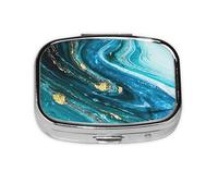 Turquoise Blue Gold Marble Print Square Metal Pill Box Decorative Pill Case - Carry Your Meds in Style (Rectangular)