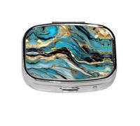Turquoise Blue Gold Marble Print Square Metal Pill Box Decorative Pill Case - Carry Your Meds in Style (Rectangular)