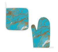 Turquoise Blue Gold Oven Mitts & Pot Holders Set - 2 Pcs Heat Resistant Oven Gloves with Hanging Loop, Kitchen Potholder for Cooking, Baking, BBQ, Microwave
