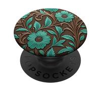 Turquoise Brown Rodeo Western Tooled Floral Pattern PopSockets Adhesive PopGrip