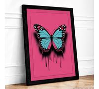 Turquoise Butterfly Dripping Street Art Framed Wall Art Print A1 Black