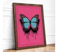 Turquoise Butterfly, Dripping Street Art Framed Wall Art Print A3 (42×29.7cm) Walnut, Wall Decor for Living Room, Bedroom, Office & Home, Ready to Hang, Art Gift