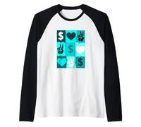Turquoise Color Peace Love Money Grid Turquoise Graphic Raglan Baseball Tee