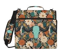 Turquoise Cowskull Floral Western Boho 1.5-Inch 3-Ringing Organizer Binder with Handle Multi-Pocket Zippered Portfolio for Office School
