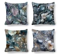 Turquoise Cushion Covers, Large Cushions 60x60 cm Set of 4, Soft Comfort Linen Flowers Cushion Covers for Sofa Garden Outdoor Cushions Decorative Pillows, Cooling Pillow Cases for Summer Fall K-776