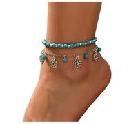 Turquoise Flower Anklet Bracelet 2Pcs Crystal Beads Anklet Boho Carved Geometric Summer Foot Chain Jewelry for Women Girls (Silver)