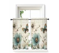 Turquoise Flowers Sheer Curtains for Bedroom Living Room,Spring Botanical Florals Butterfly Half Window Curtains 45 Inch Length,Retro Voile Drapes Farmhouse Bathroom Kitchen Valance 42"x45" 2 Panels