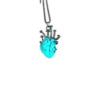 Turquoise Glow in the Dark Anatomical Heart Pendant Necklace, Gothic Alternative Style, Silver Chain