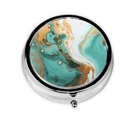 Turquoise Gold Marble Print Pill Box for Pocket Round Pill Box 3 Compartment Decorative Portable Travel Pill Holder Tablet Vitamin Organizer Mini Pill Case(2pcs)