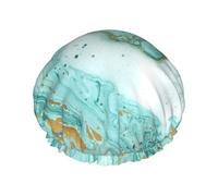 Turquoise Gold Marble Printed Double-Layer Shower Cap, Reusable Shower Cap, Suitable For Various Hair Lengths