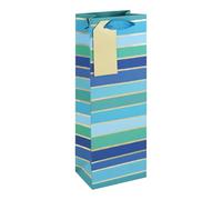 Turquoise Green & Blue Stripes Bottle Gift Bag 35cm - Paper Wine Bottle Present Bag with Ribbon Handles & Gold Name Tag
