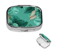 Turquoise Green Leaves Pill Box 2 Compartment Medicine Pill Organizer Square Pill Case for Purse & Pocket Travel Pillbox Portable Metal Medicine Vitamin Fish Oil Organizer Unique Gift
