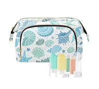 Turquoise Green Sea Shells and Stars Marine Shellfish Women Cosmetic Bag Makeup Bag Stylish Trip Beauty Bag Travel Toiletry Bag with Bottle Organizer 10.2 x 5.9 x 6.7 inch
