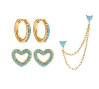 Turquoise Heart Stud Earrings Tiny Love Hearts Chain Tassel Climber Crawer Cartilage Tragus Studs Cubic Zirconia Piercing Huggie Hoops Earring for Women Her Birthday Dainty Small Stackable Jewelry Set