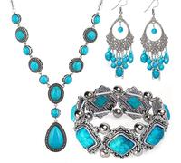 Turquoise Jewelry Set for Women | Fashionable Retro Turquoise Necklaces with Adjustable Elastic Bracelet, Special Events Jewelry for Partners, one size, Zinc, No Gemstone