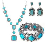 Turquoise Jewelry Set for Women | Fashionable Retro Turquoise Necklaces with Adjustable Elastic Bracelet, Special Events Jewelry for Partners, one size, Zinc, No Gemstone