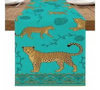 Turquoise Leopard Table Runner, Exotic Animal Print Tropical Style Decor for Summer Dining and Parties 13x90 Inch
