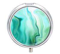 Turquoise Liquid Marble Agate Paint Emerald Green Macro Wave Lines Iron Pill Box Case Organizer with Internal Separate Plastic Dividers, Travel Small Medicine Bag Holder Carrier Round Container