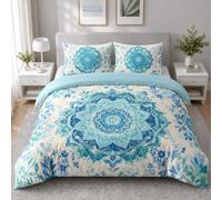 Turquoise Mandala Floral Duvet Cover Set Double 230x220cm, Boho Quilt Cover Bedding Set in Soft Microfibre with Pillowcase, Reversible Bed Linen for Bedroom Decor