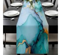 Turquoise Marble Table Runner 13x108 Inches Long Teal Green Abstract Marble Gradient Texture Cotton Linen Table Runner Burlap Style for Dinner Table Party Decor Tabletop Decorations