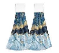 Turquoise Marble with Gold Veins Stone Texture Golden Foils Glitter 2 PCs Hanging Kitchen Hand Towel, Dish Dishcloth Towels with Hanging Loop, Absorbent Tea Bar Bath Tie Towel for Tabletop Kitchen