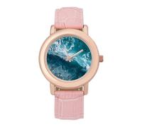 Turquoise Ocean Crashing Waves Women's Leather Watch Easy Reader Minimalist Wristwatch Pink Rose Gold Strap Watches