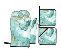 Turquoise Oven Mitts and Pot Holders Sets 4 Piece, Colorful Rainbow Dog Paw Print Oven Gloves Heat Resistant NonSlip for Kitchen Cooking Grilling Baking