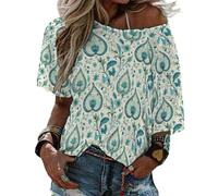 Turquoise Pattern Print Off The Shoulder Tops for Women, Graphic Tees Oversized Tshirts Womens Summer Tops, Style-30, S