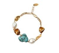 Turquoise, Pearl & Tiger Eye Beaded Gold Chain Bracelet | Hypoallergenic, Adjustable Gold Clasp, Versatile Style, Easy to Wear, Mixed Stone Beads