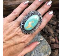 Turquoise Ring for Women 925 Sterling Silver Rings Oval Solitaire Ring Vintage Natural Gemstone Rings Bohemian Western Jewelry Victorian Antique Silver Turquoise Ring Q