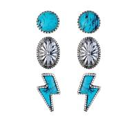 Turquoise Stud Earrings Set, Western Jewelry for Women, Bohemian Vintage Geometric, Oval, Round & Flower Turquoise Earrings, Cowgirl Style Accessories, M, Brass, No Gemstone