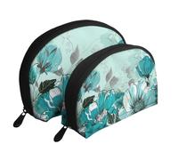 Turquoise Teal Floral Printed Makeup Bags 2-Piece Portable Shell Travel Toiletry Bag Cosmetic Organizer Bag for Women
