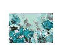 Turquoise Teal Floral Printed Placemat Set 6 Pcs, Faux Linen Dining Placemats & Table Mats - Heat-Resistant, Non-Slip Coasters
