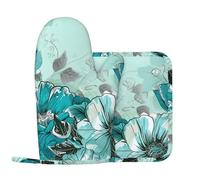 Turquoise Teal Floral Printed Silicone Oven Gloves and Pot Holders Sets 2-Pieces, Kitchen Heat Resistant Waterproof Baking Cooking Gloves Potholders