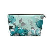 Turquoise Teal Floral Printed Travel Cosmetic Bags with Gold Zipper Makeup Organizer Cosmetic Case Toiletry Bag for Women Mom Girls