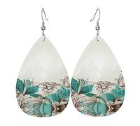 Turquoise Teal Floral Pvc Artificial Leather Dangle Earrings, Hook Is 925 Silver Plated Material