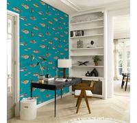 Rasch 553536 Non-Woven Wallpaper in Turquoise with Textile Topic and Colourful Fish 10.05 m x 0.53 m (L x W)