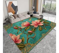 Turquoise Washable Rugs 60 x 90 cm, Arabic Style Magnolia Print Carpet, Soft Easy-Care Rug Short Pile Carpets for Bedroom Dining Room Kitchen