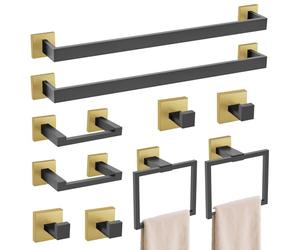 TURS 10-Piece Bathroom Hardware Accessories Set Black&Gold Towel Bar Holder Set SUS304 Stainless Steel Towel Racks for Bathroom Wall Mounted, 23.6-Inch