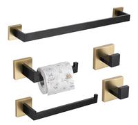 TURS 5-Piece Bathroom Hardware Set Black and Gold Towel Bar Holder Sets Hand Towel Holder Toilet Paper Holder and 2 Towel Hooks,Stainless Steel Wall Mounted