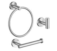 TURS Bathroom Hardware Accessories Set,Towel Hook Toilet Roll Holder Towel Ring, Wall Mounted Toilet Paper Holder, 3 Pieces Classic Stainless Steel Bath Accessory Hooks, Brush Silver