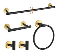 TURS Black and Gold 5 Piece Bathroom Hardware Set, SUS304 Stainless Steel Gold Black Towel Bar Set, 24 Inch Rould Bathroom Accessories Kit Wall Mounted