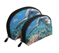 Turtle and Dolphin Printed Makeup Bags 2-Piece Portable Shell Travel Toiletry Bag