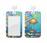 Turtle and Fish Id Badge Holder with Lanyard-Vertical Card Protector Clear Abs Hard Shell, Retractable Reel for Work Office