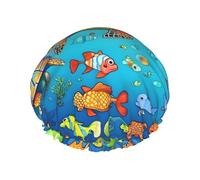 Turtle and Fish Printed shower cap, reusable, double-layered design, suitable for women to wrap their hair, wash their face, and apply face masks.