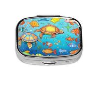 Turtle and Fish Square Pill Box with Full Print Design - Portable Metal Travel Case for Vitamins & Medication, 2.2x1.6x0.7 Inch.