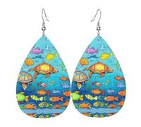 Turtle and Fish Women's Teardrop Leather Earrings, Hook 925 Silver Plated, Holiday Accessories