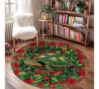Turtle Area Rug, Christmas Festive Holly Berries Christmas Green Non-Slip Backing Indoor Doormat Round Throw Rug Non Shedding Bathroom Entryway Bedside Laundry Room Decor 4' X 4'