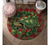 Turtle Area Rug, Christmas Festive Holly Berries Christmas Green Non-Slip Doormat Round Throw Rug Stain Resistant Entryway Bathroom Laundry Room Bedside Decor 4' X 4'